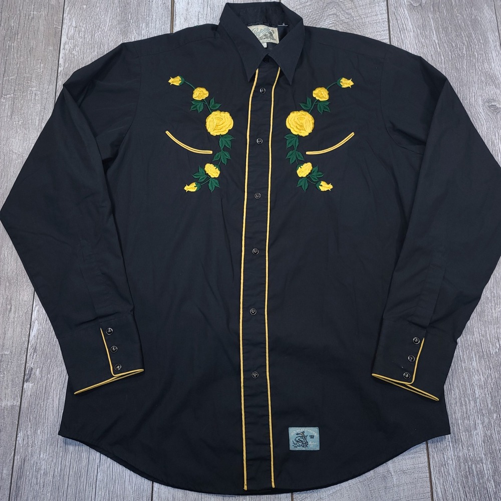 Roper Western Shirt Mens Large Black Yellow Rose Embroidery Piping Long Sleeve